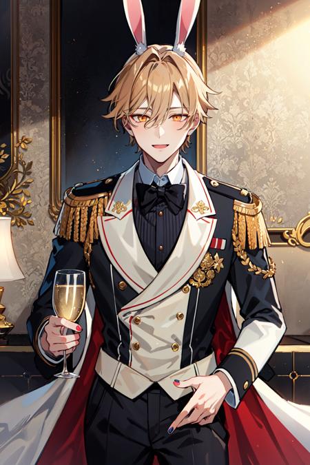 (best quality, masterpiece:1.4), 1boy, asmodeus, playful expression, champagne color hair, orange eyes, ornate uniform, butler, bunny ears, painted nails <lora:asmodeusV2:0.75>