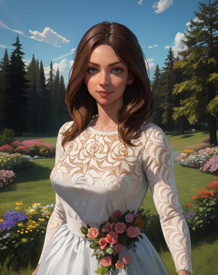 Faith,green eyes,brown hair,
white dress,long sleeves,light smile,
outdoors,flowers,country,
standing,upper body,
(insanely detailed, masterpiece, best quality),<lora:FaithSeed:0.8>,