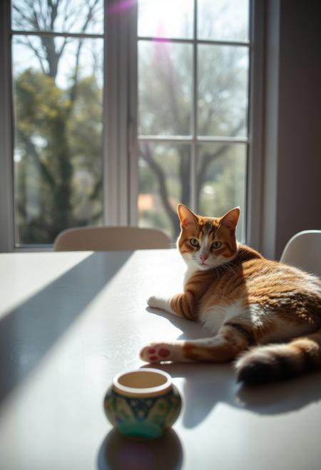 (Soft Lighting Photography by Mimoza Veliu and Mario Giacomelli:1.2), NSFW, 
fine art photo depicts a cat, laying on the dinning table looking at viewer, indoor in a minimalism design room, windows, Sunny. trees. The lighting is soft. view from the top,