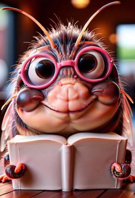 FLUX.1 cinematic style, ral-drp very cute and kawaii pink cockroach wearing eyeglasses while reading a book and sipping coffee in a cafe, instagram photo,