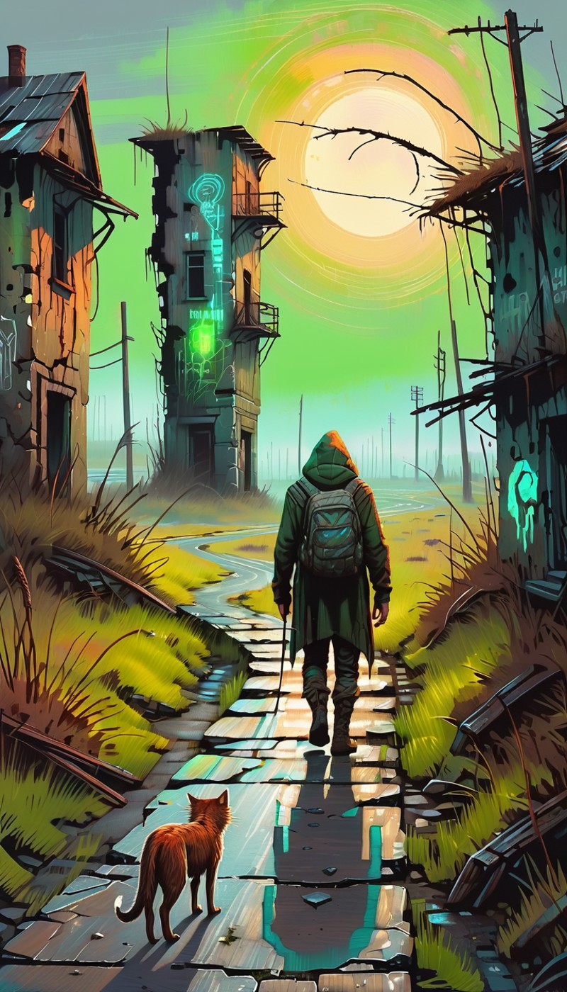 Acrylic Painting, illustration, Fantasy, Sci-Fi, Stalker carefully Walks through on a post-apocalyptic deserted abandoned,...