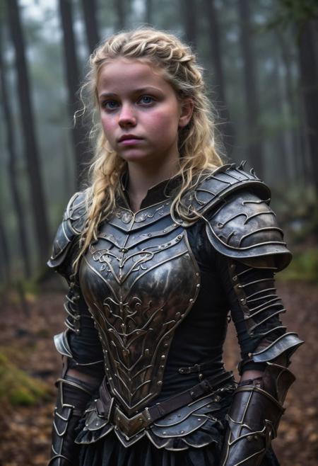 Close Up shot of  Aurora The Sleeping Beauty as a little warrior, she IS a very young girl, blonde wavy hairstyle, beautiful, black steel armour, pink dirt dress, wind, at night, fog, mist, forest at the background, National Geographic photography awarded masterpiece