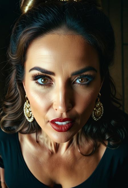 <lora:chav_pny-6:0.7> chav style, milf chav. Fifty-year-old. mouth open wide to receive. puffy lips. Chav white lipstick. Huge glossy white lips. White lipstick. Botox lips. Hair bun. Large gold hoop earrings. cinematic still highly detailed eyes . high budget, cinemascope, moody, epic, gorgeous, film grain, grainy, photograph highly detailed eyes, 50mm . cinematic 4k epic detailed 4k epic detailed photograph shot on kodak detailed cinematic hbo dark moody, 35mm photo, pov view, from above, grainy, vignette, vintage, Kodachrome, Lomography, highly detailed, found footage, realistic portait photo of beautiful 56-year-old woman with long brown hair, standing, looking at viewer, influencer, begging,  clear and intense dark-brown eyes, winking, instagram, cleveage, highly detailed eyes, cute, perfect full colorful coherent cinematic composition, sharp focus, elegant, highly intricate, generous, inspired, pretty, fine, complex background, artistic, light, crisp, color, clear, aesthetic, very inspirational, vibrant, radiant, bright, vivid, gorgeous, focused, loving, symmetry, thought, elite, polished, beautiful, stunning