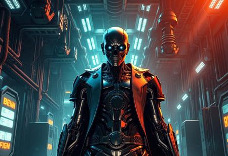 "Create a hyper-detailed, dynamic full-body illustration of a Dark-Eyes Illusionist in a Machine Conversion Factory for trending on ArtStation. Consider a Terminator-themed outfit and facial features, with metallic skin and beams of light from the machine. Use dramatic lighting, golden ratio, and micro details. Reference images include front view, arms, large translucent art, headsculpt, and stomping. Aim for a 3D render with smooth surfaces, similar to Wlop's