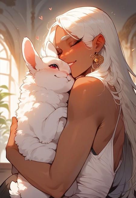 score_9, score_8_up, score_7_up, score_6_up,  <lora:p3tl0v3XLP:1> p3tl0v3, 1girl, rumi usagiyama, dark skinned female, hugging a white rabbit,