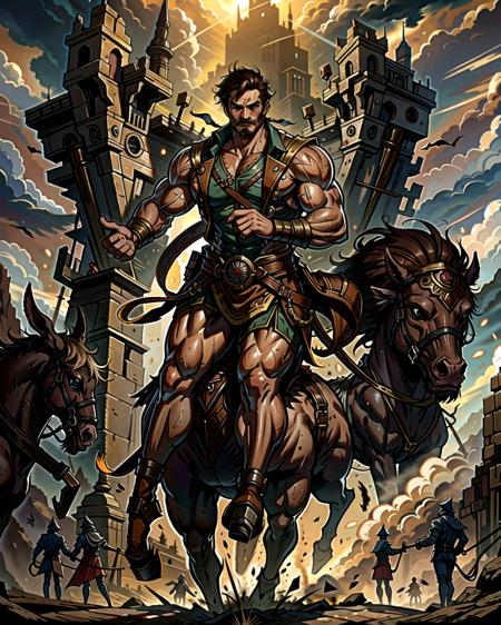 ((masterpiece), best quality, high quality, professional quality, highly detailed, highres, perfect lighting, natural lighting), (1boy, muscular, handsome, mustache, short hair, brown hair), wearing fantasy clothing, riding a horse, on a battlefield