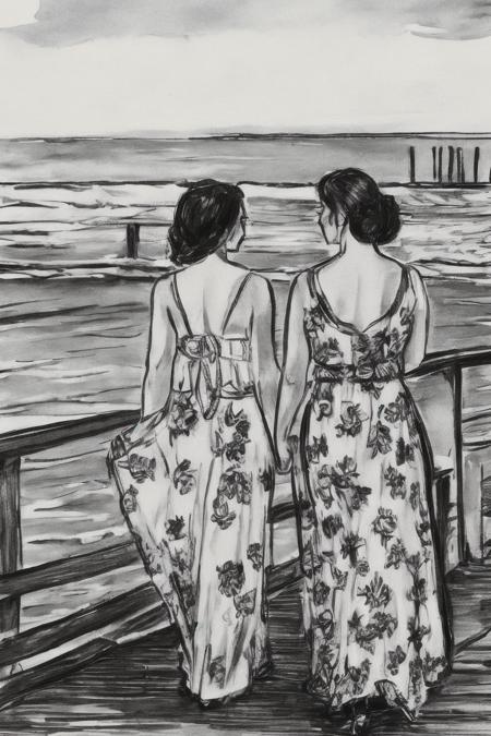 <lora:SKETCHY_JBX:0.8> SKETCHY_JBX  A sketch of two women in long floral dresses walking along a pier