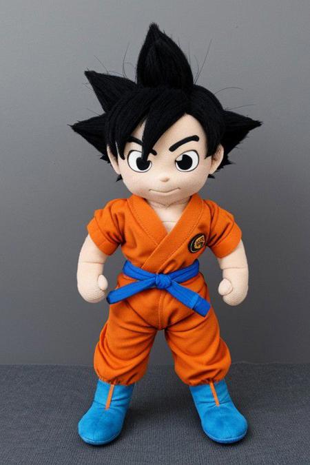 1 plush \(son goku\) , black hair, orange gi, blue wistbands, blue boots, room.