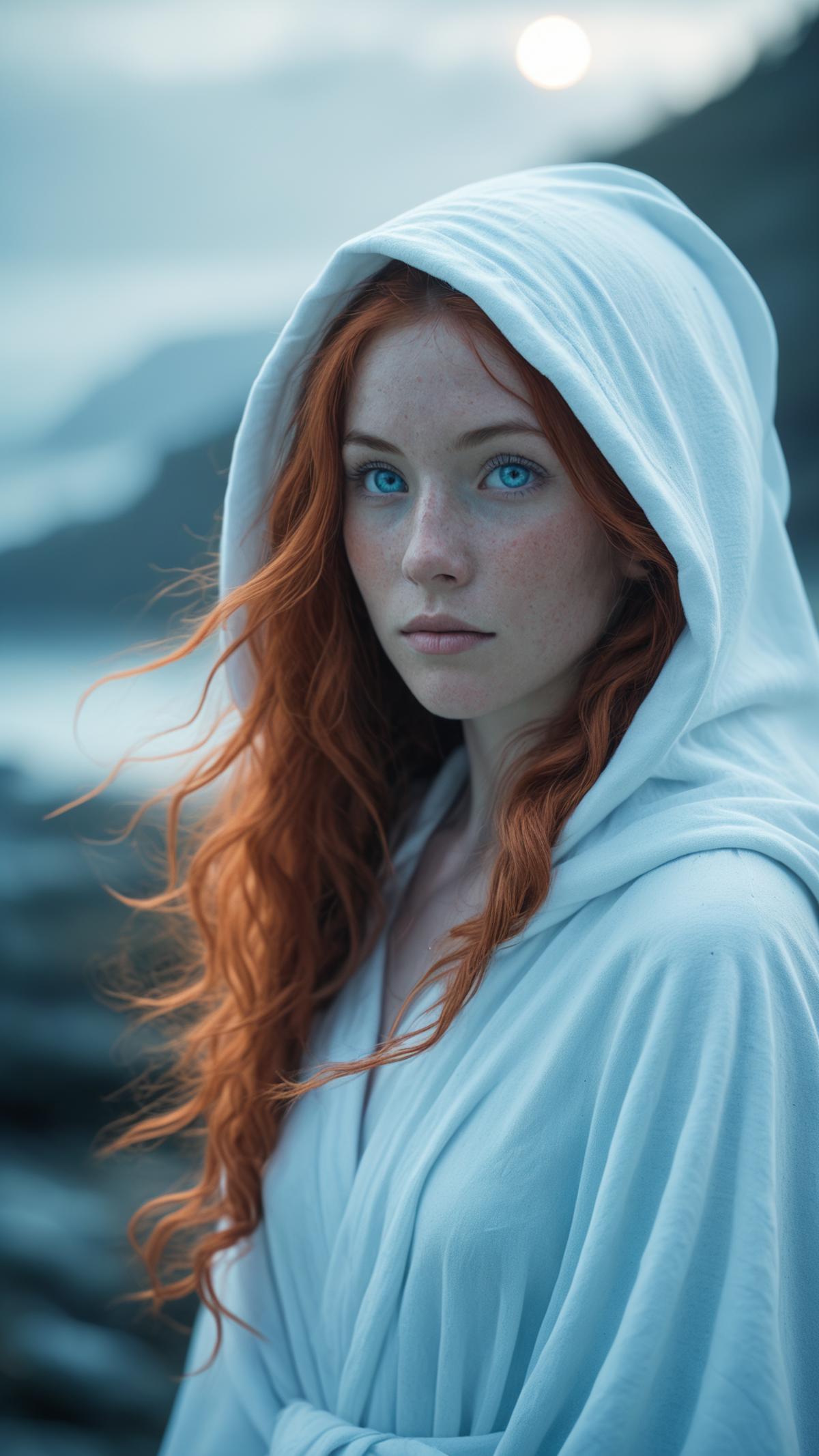 A young woman with red hair wearing a white hoodie.