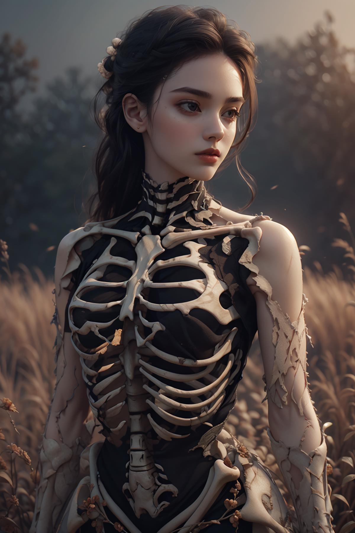 Beautiful Woman with Skeletal Ribs in a Field.