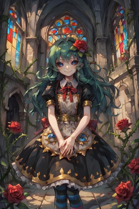 tordef, 1girl, solo, long hair, green hair, black sclera, blue eyes, flower, hair flower, hair ornament, red ribbon, neck ribbon, bib collar, black dress, frilled dress, gold trim, juliet sleeves, yellow armlet, spiked armlet, yellow belt, striped, striped thighhighs, horizontal-striped thighhighs, yellow anklet, spiked anklet, high heels, rose, thorns, vines, tordef, 1girl, solo, long hair, green hair, (colored sclera, black sclera), blue eyes, flower, hair flower, blue rose, blue flower, red bow, hair ornament, red ribbon, hair bow, hair ribbon, capelet, frilled capelet, cross-laced clothes, red bowtie, frilled hairband, layered dress, collared dress, frilled dress, yellow belt, spiked belt, wrist cuffs, striped, striped thighhighs, horizontal-striped thighhighs, yellow anklet, spiked anklet, high heels, rose, thorns, vines, 