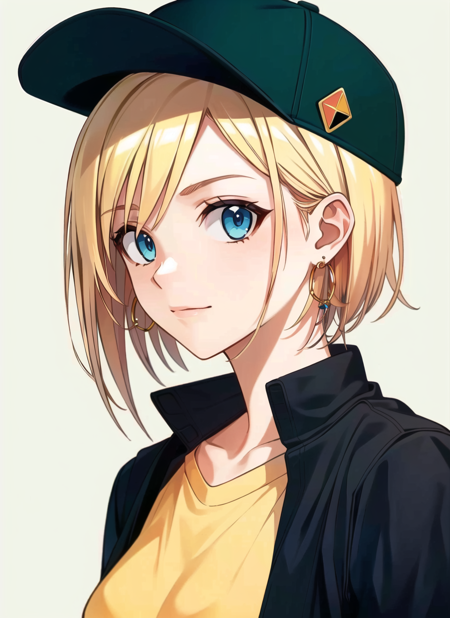 akamatsu ken <lora:akamatsu_ken_offset:1>,  masterpiece, best quality, 1girl, aqua eyes, baseball cap, blonde hair, closed mouth, earrings, green background, hat, hoop earrings, jewelry, looking at viewer, shirt, short hair, simple background, solo, upper body, yellow shirt