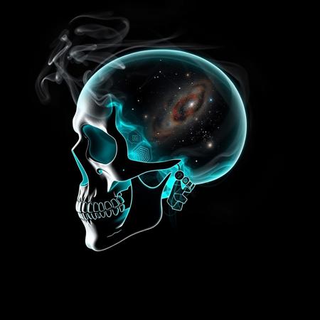 Cybernetic Skull, black background, slhouette black and white outline, skull made of smoke, neon teal_flames, pov sideview, smoke rises from back of skull, whole Galaxy in skull