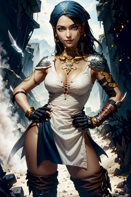 IsabellaDA, 1girl, solo, dark skin, dark-skinned female, weapon, jewelry, breasts, earrings, tattoo, hand on hip, thighhighs, gloves, black hair, boots, sword, holding, fingerless gloves, cleavage, holding weapon, armlet, armor, thigh boots, brown eyes, looking at viewer, facial tattoo, bandana, very dark skin, bracelet, medium breasts, black gloves, cowboy shot, piercing, shoulder armor, holding sword, hoop earrings, knife, pauldrons, bracer, lips, long hair, smile, necklace, dagger, makeup, eye of horus, arm tattoo
<lora:epi_noiseoffset2:1>,   <lora:IsabellaDA:0.7>