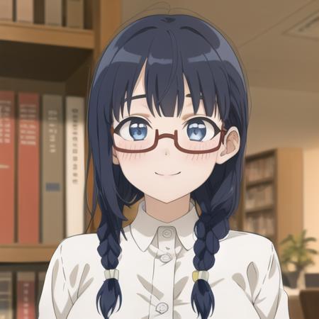 (masterpiece, best quality:1.2),illustration,8k,hd,1girl,solo,upper body,(portrait:1.2),long_hair,cowboy shot,breasts,bangs,smile,blue_eyes,skirt,shirt,hair_ornament,long_sleeves,blue_hair,white_shirt,braid,glasses,blunt_bangs,dress_shirt,single_braid,green_skirt,semi-rimless_eyewear,red-framed_eyewear,under-rim_eyewear,<lora:Sanami Murakami-V1:0.6>,