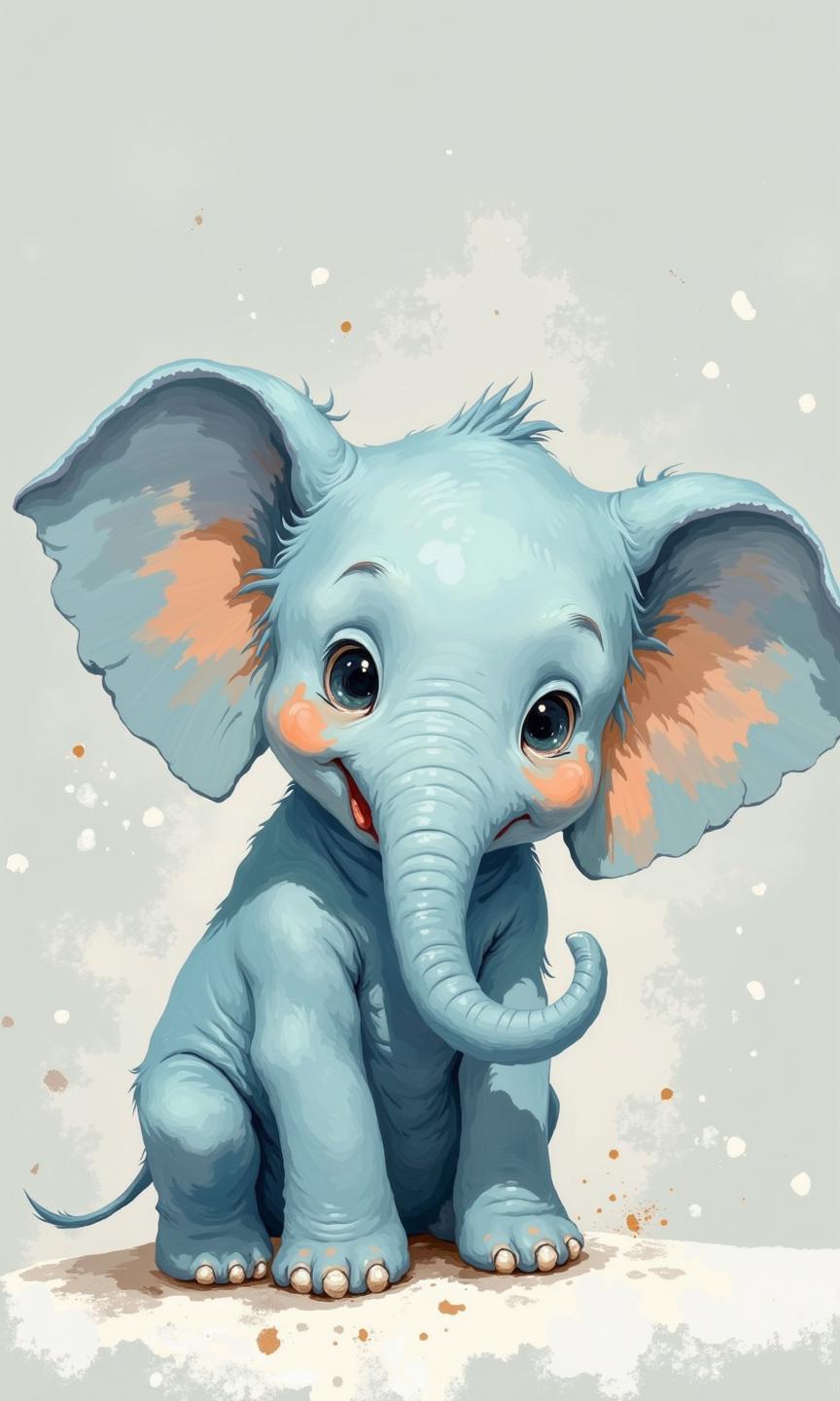 Close-up of a painted illustration of a light-blue elephant. 
The elephant is positioned facing forward, with its trunk slightly curved downward. Its eyes are large and dark, and its ears are large and displayed with soft orange-peach highlights, almost like blush. The elephant's skin appears soft, with painted texture giving a gentle, almost pastel, feel. The light-blue color is subtly varied throughout the image. It's not a solid color but has variations that mimic the shades of a light-gray/blue elephant. The background is a muted, light gray tone with scattered speckles, mimicking small splashes of paint on the backdrop.  The overall style suggests a children's illustration or a piece of nursery art.
<lora:FLUX-daubrez-DB4RZ-v2:1> DB4RZ, DB4RZ style painting