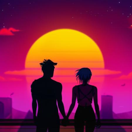 (neonskiesai)++, two people looking at the sun, from the back