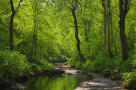 A serene river winding through a lush spring forest, 
the water reflecting the vibrant green leaves and soft sunlight filtering through the canopy. No humans, 
just nature.