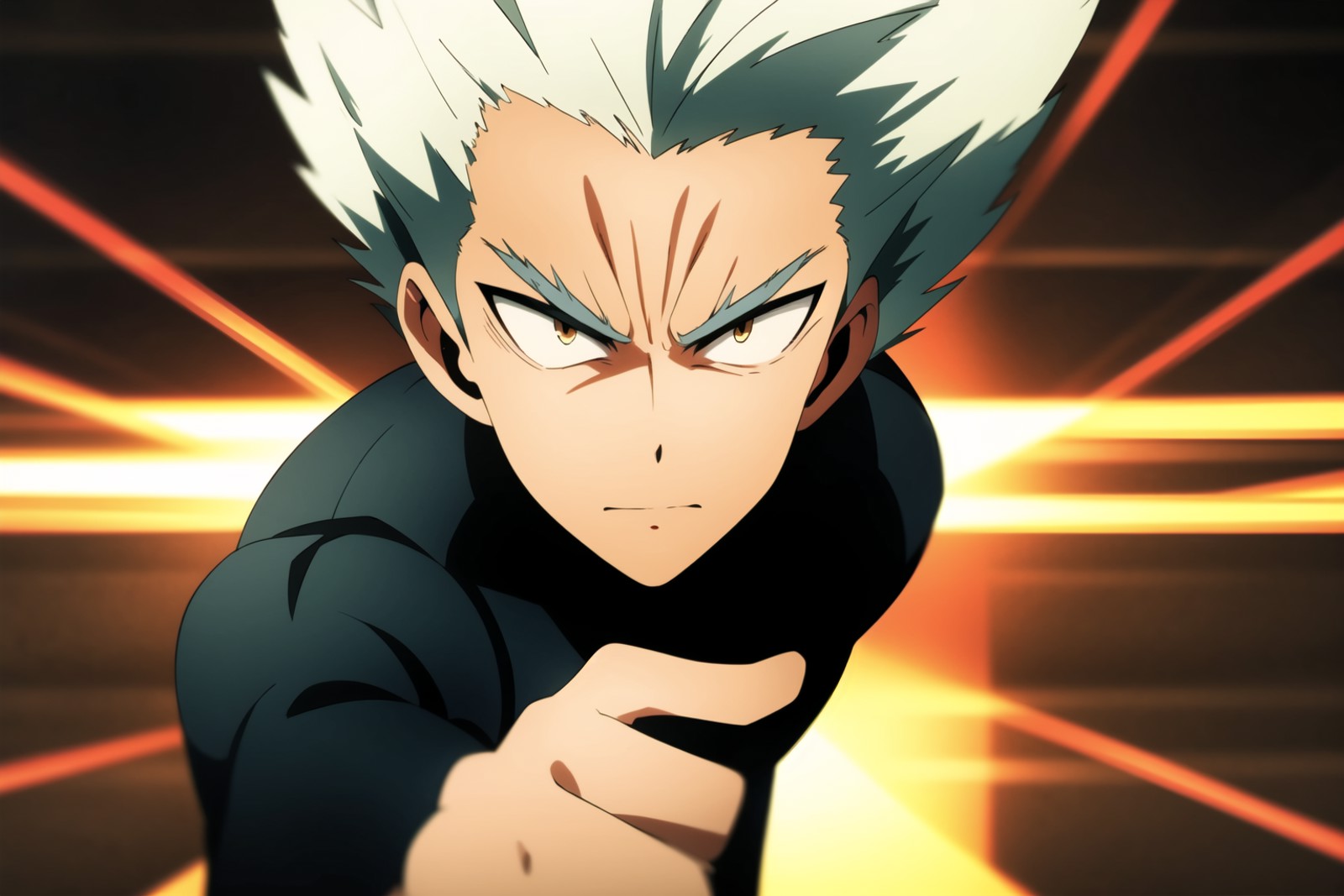 garou, anime, one punch, 1boy, running, (black outfit, emphasis lines), blurry background, male focus, solo, spiked hair, ...