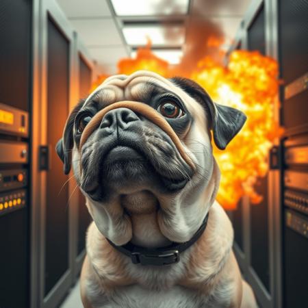 Funny Dog Eye Understanding Photo, 1 Dog, Pug, Frustrated, Trying to Fix Burning and Exploding Server Room