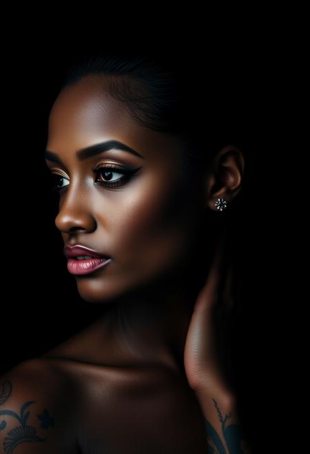 (Ebony  Women), symmetrical african female portrait, beautiful makeup, full tattooed, black background, side soft light, highly detailed, melancholic, masterpiece Photography in the style of Oleg Dou, soft light hyper clean photography, (((Oleg Dou photography style)))