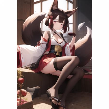 (masterpiece, best quality:1.2),illustration,8k,hd,1girl,solo,animal_ears,fox_ears,short hair,twintails,red_eyes,petite,brown_hair,small_breasts,fox_tail,multiple_tails,bangs,cleavage,fox_girl,hair ornament,hair bell,black thighhighs,short twintails,zettai ryouiki,animal_ear_fluff,long sleeves,ribbon,jingle bell,hakama short skirt,japanese_clothes,kitsune,red_skirt,skirt,wide_sleeves,black_gloves,kyuubi,brown_tail,pleated_skirt,clog sandals,<lora:Akagi-Chan(azur)>,