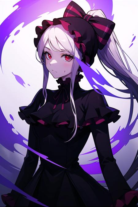 absurdres, highres, ultra detailed, <lora:ShalltearV3333-000023:0.7> shalltear, gray hair, red eyes, bonnet, hair bow, ponytail, black dress, long sleeves, red frills, looking at viewer, otherworldly hues, surreal landscapes, unseen light, ethereal glow, vibrant colors, ghostly effect, blood