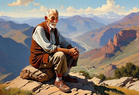 Illustrate an old man in the 1930s sitting on a mountainside, (overlooking:1.2) a vast valley surrounded by majestic mountains. Emphasize his (wisdom:1.3) in his expression, (weathered:1.2) hands, and (traditional:1.1) attire. Capture the (breathtaking:1.2) landscape, (soft:1.1) sunlight, and (tranquil:1.1) atmosphere. Inspired by the works of (Norman Rockwell:1.4)