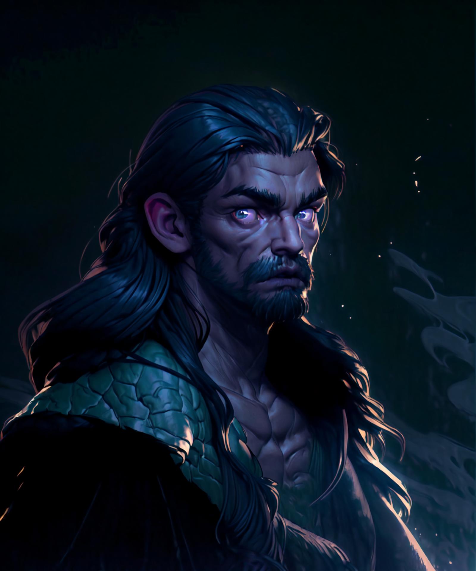 Dark Fantasy Art: A Bearded, Long-Haired Warrior With Purple Eyes