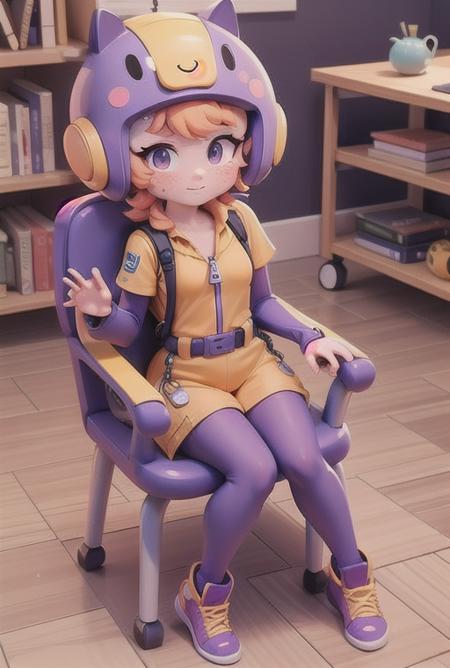 bsbea , yellow jumpsuit , shorts , Purple Long Stockings , orange hair  ,zipper tab  ,Freckles ,Purple sleeves, helmet