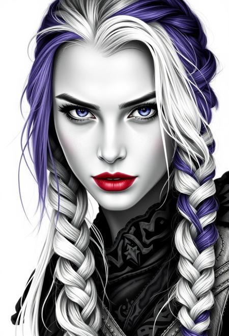 Different mimics and womanfaces, black and white portrait of a Viking warrior woman with braided purple and white  hair, wearing red lipstick, Purple eyes. long blonde braid, looking forward, white background, high contrast, low color palette, fantasy style, detailed --chaos 55 --ar 1:2 --personalize yruxpc2 --stylize 750 --v 6.1