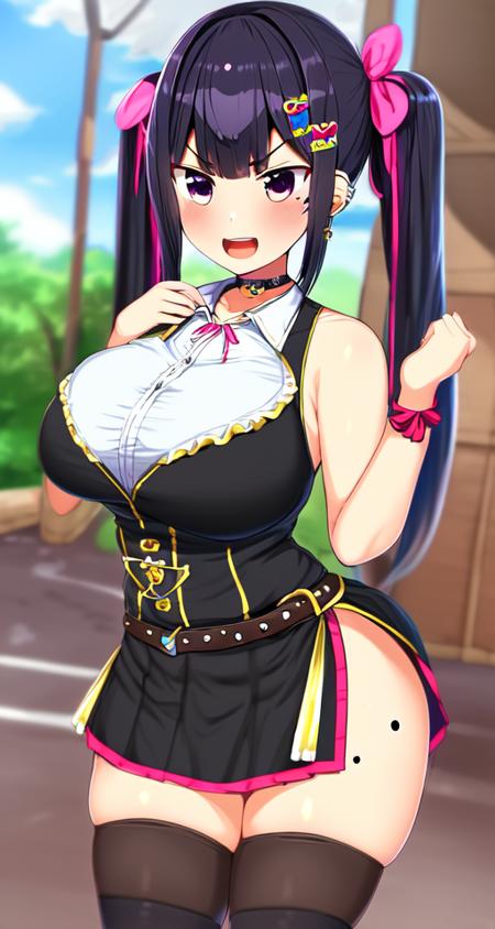 1girl, bare arms, bare shoulders, belt, black choker, black long multicolored streaked hair, black skirt, blouse, buttons, by greatmosu, collarbone, cowboy shot, ear piercing, frills, hair ornament, hairclip, heart, jirai kei, large breasts, looking at viewer, miniskirt, mole under eye, neck hair ribbon, open mouth, pink dress sleeveless frilled collared shirt, purple eyes, shirt tucked in, solo, standing, thighs, twintails, v-shaped eyebrows, white thighhighs, wide smile, zettai ryouiki