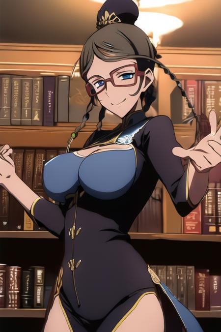 <lora:Katereaxck:0.8>,(happiness face),(Dancing in a hip hop style),(haunted library background_:1.1),(longpao:1.1),1girl,solo,breasts,glasses,large breasts,blue eyes,brown hair,long hair,single hair bun,mature female,hair bun,mini hat,braid,eyewear,dark-skinned female,