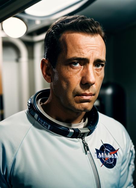 (<lora:HumphreyBogart:.95>) ,a photo of (hb1) man with short hair, Detailed face, (perfect blue eyes), (highly detailed skin:1.1), perfect body, wearing a ((Astronaut Training Academy Tracksuit, Endurance Treadmill Wristband, Weightless Training Shoes, Stamina Drink Bottle, Astronaut Trainee Patch)), Modelshoot style, Professional Photography, soft lighting, PHOTOREALISTIC, Realistic, standing in a dark studio background, blurred background, volumetric fog,. RAW, analog style, sharp focus, 8k, HD, DSLR, high quality, Fujifilm XT3, film grain, award winning, masterpiece,