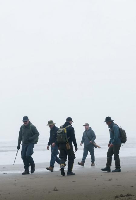 Storyboard: A group of six workers, dressed in dark, worn clothing and carrying tools and backpacks, are seen slowly walking on a desolate, fog-covered beach.
