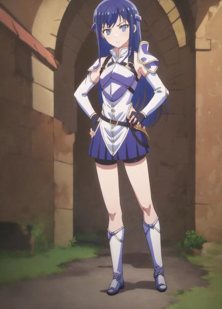 <lora:Summoned_to_Another_World_for_a_Second_Time:1>, ElkaVerso, 1girl, anime coloring, armor, belt, bike shorts, blue eyes, blue hair, blue skirt, breastplate, detached sleeves, fingerless gloves, gloves, hand on hip, hands on hips, long hair, pleated skirt, sheath, sheathed, shorts, shoulder armor, skirt, solo, standing, sword, weapon, <lora:Masterpiace:1>,