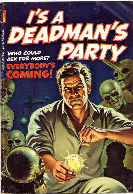 it’s a dead man’s party. Who could ask for more? Everybody’s coming. Leave your body at the door. 
vintage comic book cover, 1950s pulp art style