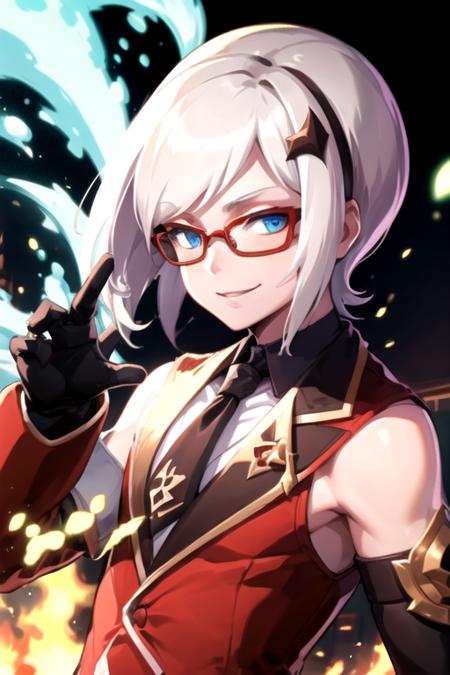 <lora:AshCrimson-09:0.7> ,ashkof, 1boy, solo, smile, short hair, hair ornament, gloves, blue eyes, upper body, white hair, necktie, glasses, elbow gloves, sunglasses, fire, tinted eyewear, green fire