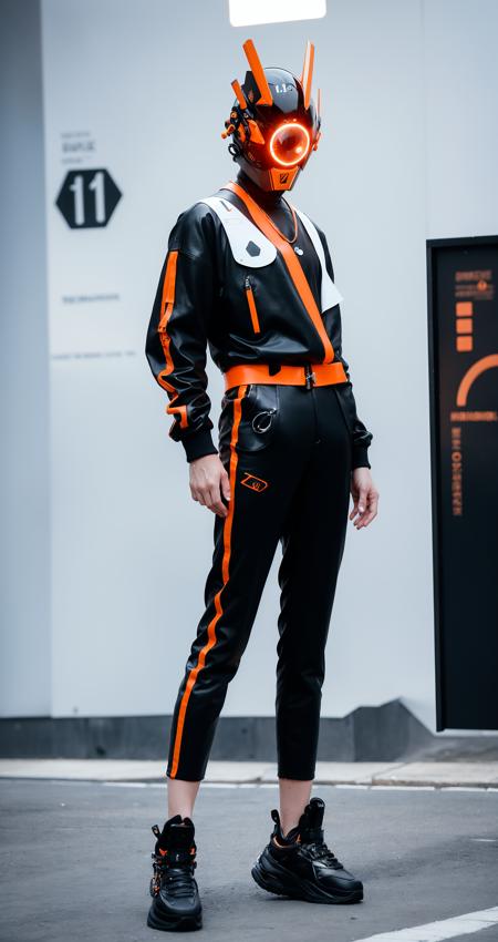 (original: 1.2), (far shot), (realistic: 1.3) (mixed Korean), masterpiece, best quality, fullbody, a cyborg, (in a cyberhelmet with a glowing ring on it), wearing black leather jacket and orange trousers with buckle and tape, (crystal necklace), posing for a picture, long legs, on the street <lora:cyberhelmetv0.1:0.8>