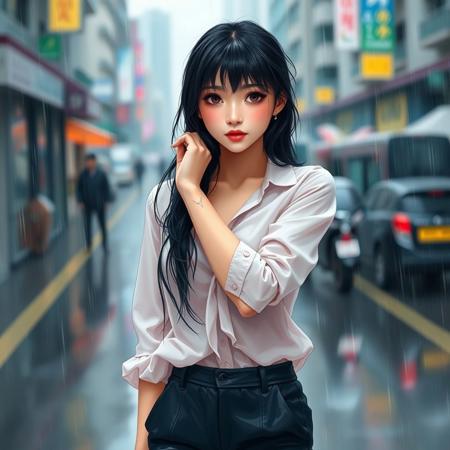 score_9, score_8_up, (high quality), highly detaily ,  Expressiveh, solo, beautiful, 1 girl, Asian, wet, a girl on the (street) on a rainy day, loose hair, black hair, bright dark eyes,  glossy lips, wet clothes, (big breasts), perfect body,  wearing a blouse and pants