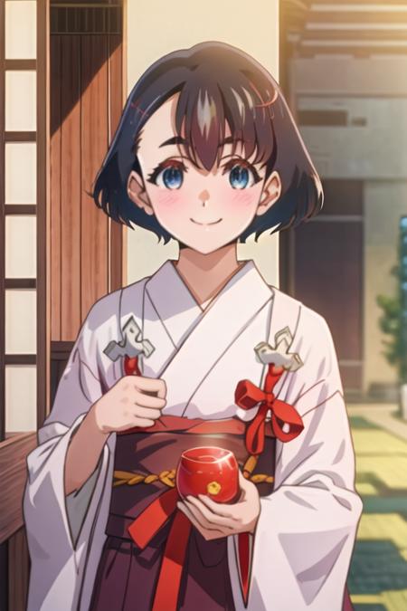 best quality, masterpiece, highres, solo, {koganeikoito_edomaeelf:1.15}, short_hair, black_hair, blush, blue_eyes, ribbon, neck_ribbon, blue_hair, 1girl, japanese_clothes, upper_body, night, smile, kimono, looking_at_viewer, holding, bangs