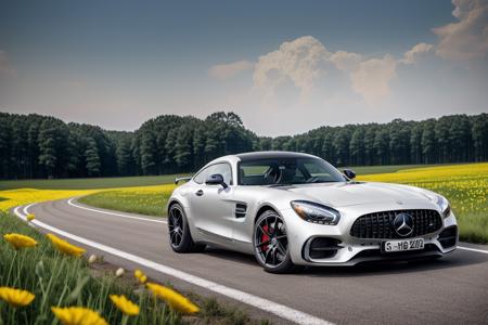 a low angle shot of sports car(mercedes_amg_gt_v1-3600:1.0),parking on a road, field of flowers,modelshoot style,masterpiece, (extremely detailed CG unity 8k wallpaper),unreal engine, 75mm lens,  High Detail, Sharp focus, dramatic,