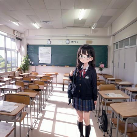 best quality, ultra-detailed, illustration,
,1girl, glasses, black hair, long hair, black eyes, school uniform, blush, looking at viewer, standing,
kyoshitsu, classroom, scenery, chalkboard, window, school, indoors, clock, sunlight, school desk, bulletin board, shade, curtains, school chair, ceiling light, shadow, artist name, book, ceiling, day, paper, 
 <lora:kyoshitsu_SD15_V3:0.8>