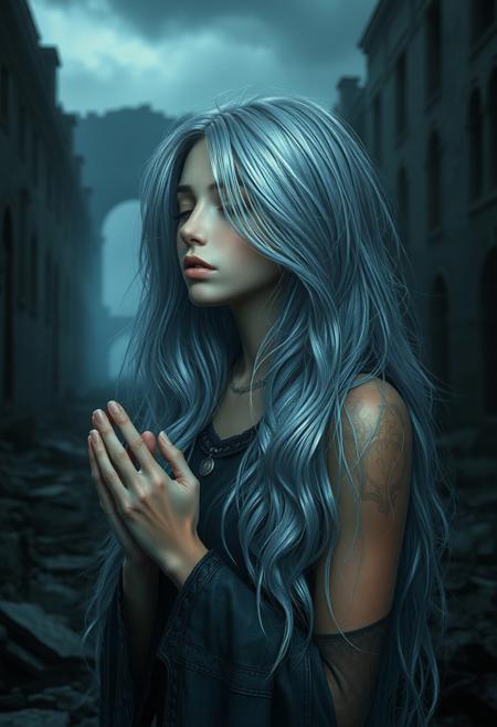 A beautiful young woman with silver hair tinged with blue, praying in a ruined dark city