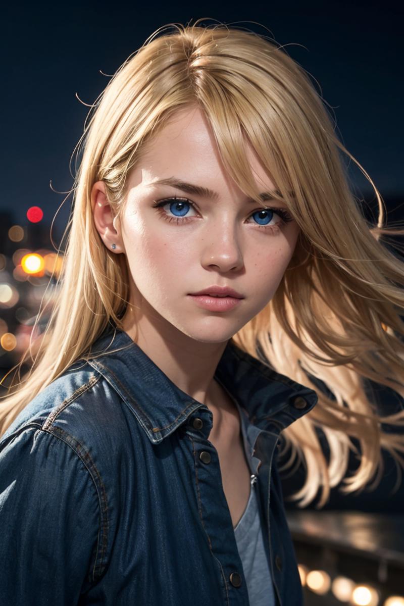A woman with blue eyes and blonde hair wearing a denim shirt.