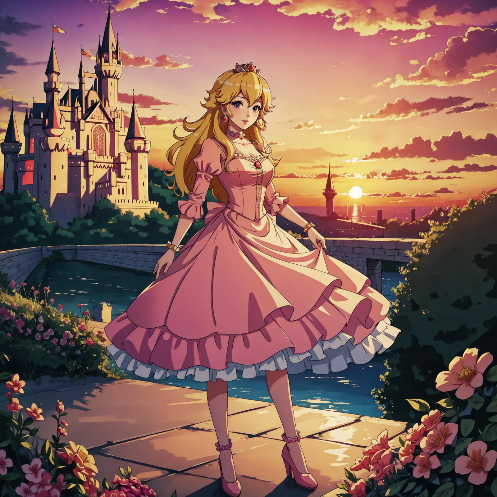 A pink and white princess dress with a castle in the background.