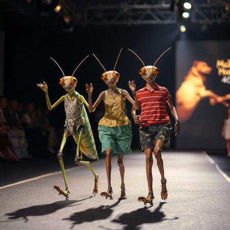 (5 theme things, (5 theme things are grasshoppers and bipedal machines and the type is random, left up to you), theme things to be; transformed into human, embodied in human body, incarnated in human body, humanised,; anthropomorphic theme things, anthropocentric theme things, (anthropocentric, anthropomorphic, anthropocentric), anthropomorphise theme things Doing, putting themed objects into the category of anthropomorphic, Three anthropomorphic themed objects walking down a runway, posed dancing, shot looking up from below with ground in, Pet Polsonified, ( tail), summer clothes.