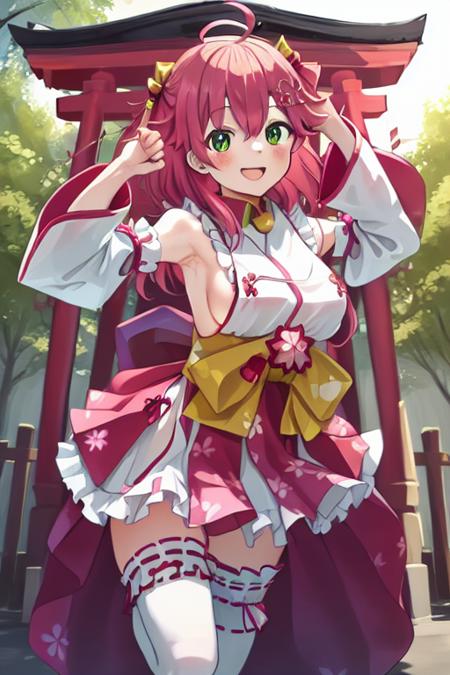 1girl, solo, best quality, miko_jp, yellow bow, japenese clothes, pink hair, green eyes, ahoge, one side up, breasts, wide sleeves, thighhighs, floral print, hair bell, bridal garter, detached sleeves, hair ornament, dynamic pose, outdoors, japenese temple, smile, open mouth, sideboob, 

 <lora:mikomikoskin_locon_v1:0.8>