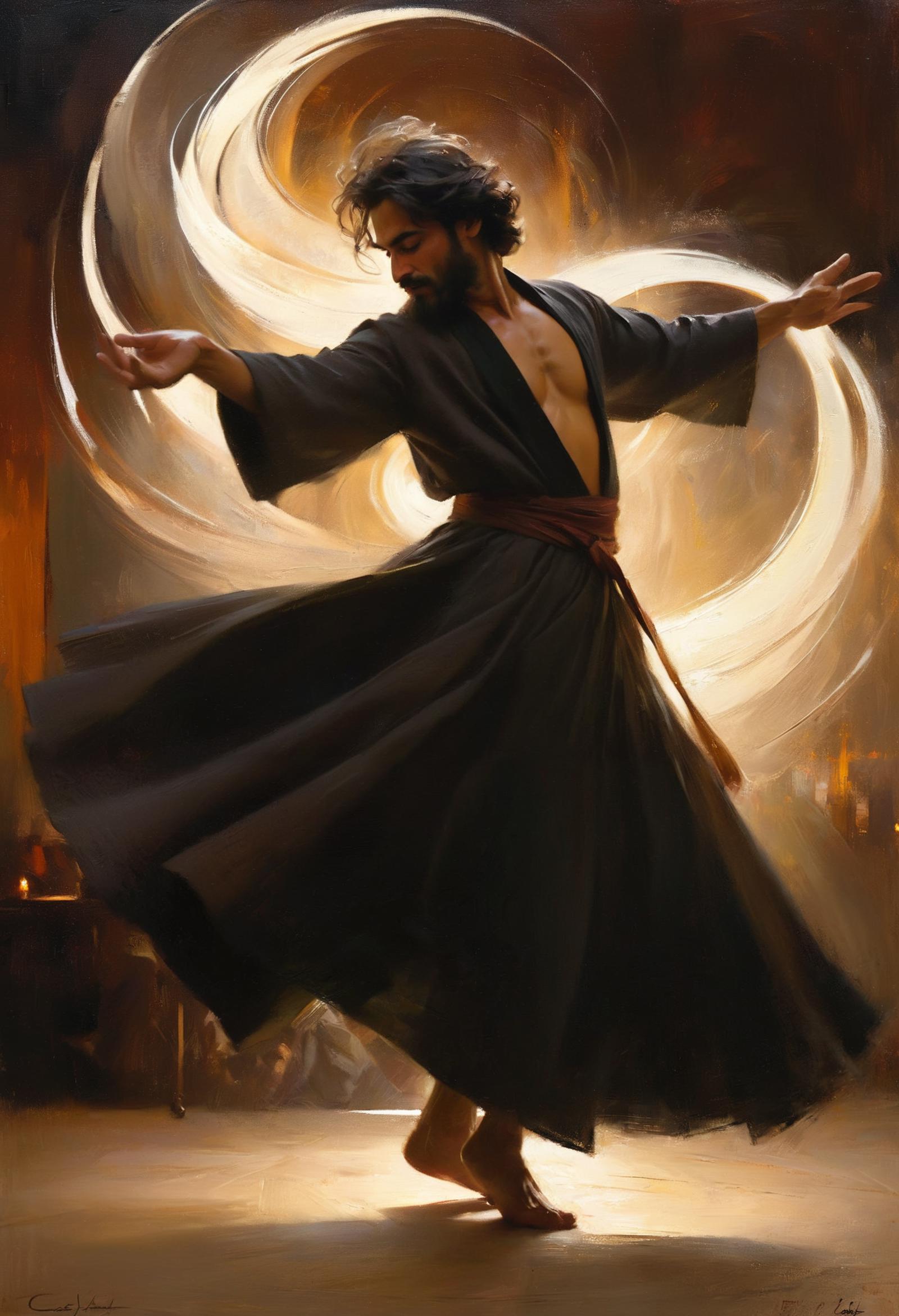 Man in a long black robe dancing with his arms extended.