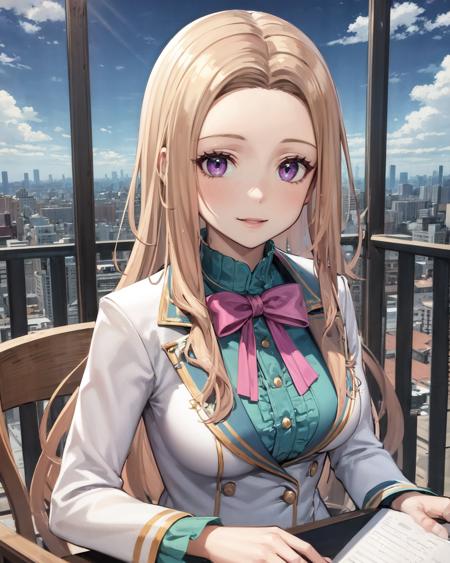 best quality, (masterpiece:1.2), illustration, absurdres,   
(1girl), (solo), (beautiful detailed girl), (upper body, portrait), 
<lora:Lucy-08:0.8>, blond hair, long hair, swept bangs, forehead, purple eyes, medium breasts,
white suit, green undershirt, green frills, white miniskirt, pink ribbon, black_pantyhose, high heels,
looking at viewer, smile,
day, on balcony, city lights, sky, clouds, sun, overlooking city,